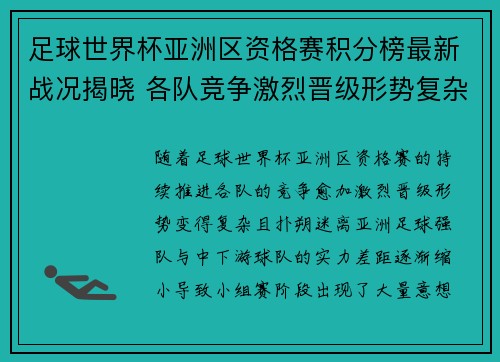 足球世界杯亚洲区资格赛积分榜最新战况揭晓 各队竞争激烈晋级形势复杂