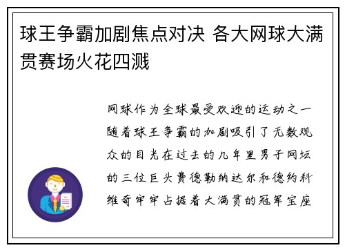 球王争霸加剧焦点对决 各大网球大满贯赛场火花四溅