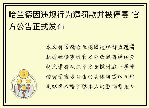 哈兰德因违规行为遭罚款并被停赛 官方公告正式发布